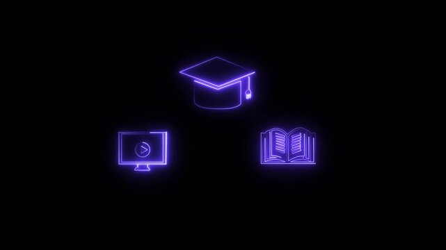 Neon educational icons: graduation cap, open book, and online video tutorial symbols on black background.