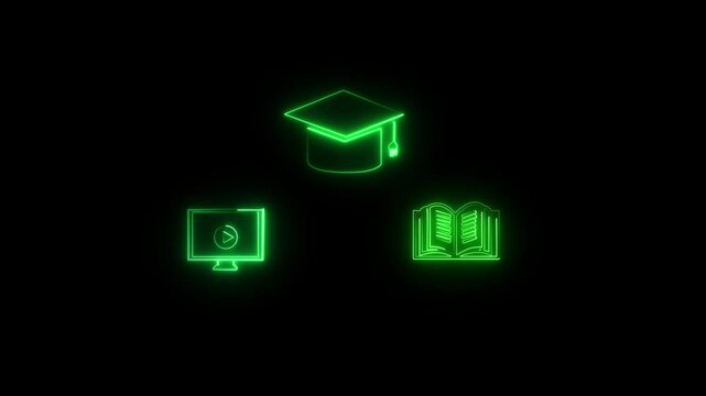Neon educational icons: graduation cap, open book, and online video tutorial symbols on black background.