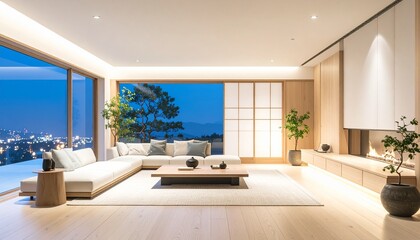 A Japanese-style luxury lounge-style space, with light wood and minimalist lighting