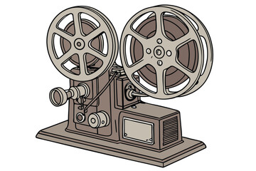 Naklejka premium 147 old movie projector, vintage, mechanical, film reels, wood and metal, detailed, high resolution, 8K
