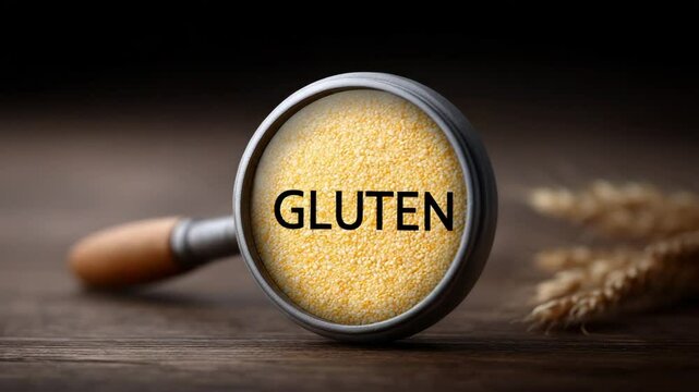 Gluten Under Magnification: A close-up shot reveals the microscopic world of gluten through a magnifying glass, with wheat grains subtly present in the background.