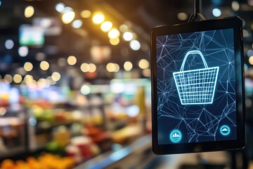Digital shopping cart display in a supermarket.  Blurred background shows produce, aisles, and lights.  Interactive technology, possibly for inventory, shopping lists, or promotions