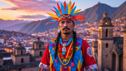 Fototapeta premium Inti Raymi Festival Portrait with Cusco Cityscape at Sunset – Native-Inspired Traditional Attire