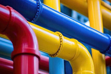 A colorful close-up showcases red, yellow, and blue industrial pipes, highlighting their connections and bold, vibrant hues.
