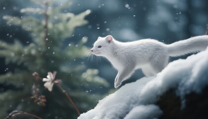 Obraz premium Snow marten running and jumping in the arctic regions green frost forest, rare animal sighting in snowy forest