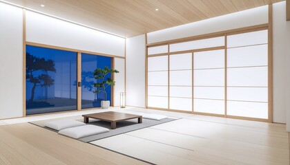 A Japanese-style luxury lounge-style space, with light wood and minimalist lighting