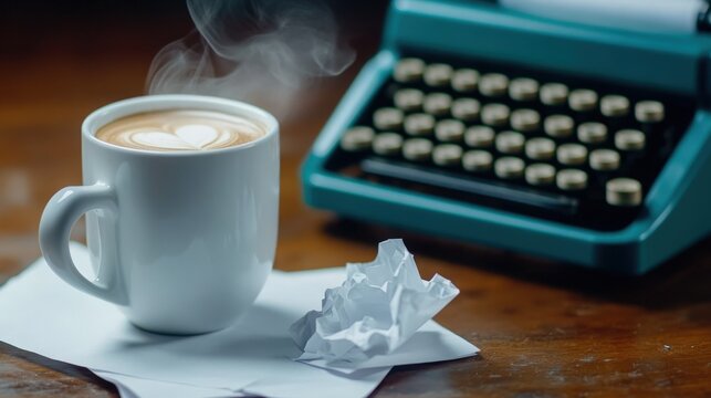 Vintage typewriter with crumpled paper and a steaming cup of coffee. 