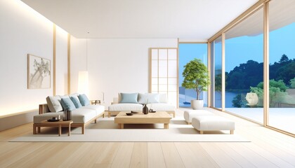 Fototapeta premium A Japanese-style luxury lounge-style space, with light wood and minimalist lighting