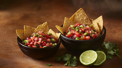 Close-up view of two small bowls of fresh salsa garnished with cilantro and served alongside tortilla chips, set on a brown tabletop.  Two limes are adjacent to the bowls.