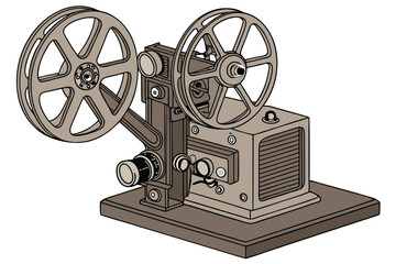 Obraz premium 147 old movie projector, vintage, mechanical, film reels, wood and metal, detailed, high resolution, 8K