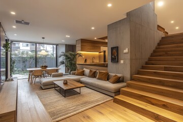 Obraz premium Modern open-plan living area with wooden staircase.