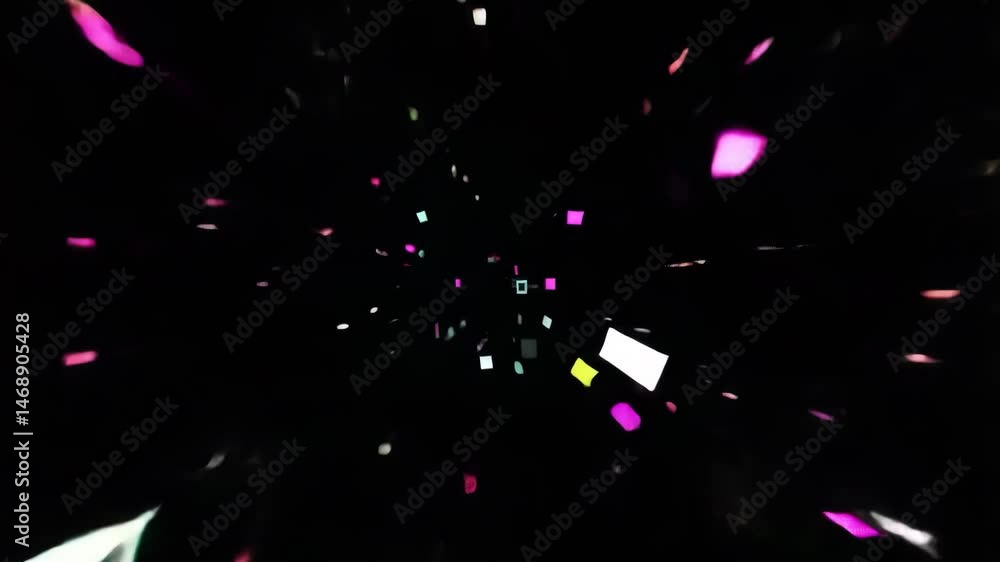 Poster dynamic geometric abstract pattern with flying square shapes in a tunnel on black background multico