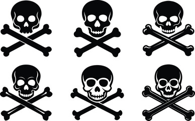 A skull and crossbones icon is a pirate symbol of death and danger, often used as a warning sign for poison or toxic substances, depicted as a black vector illustration of a skull over crossed bones, 