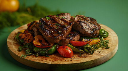 Wooden platter holding grilled beef tenderloin and assorted grilled vegetables, presented on a green backdrop.  The meal appears appetizing and well-prepared.