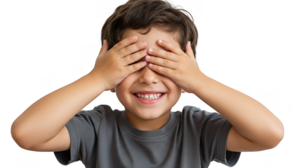 Boy hiding eyes transparent background