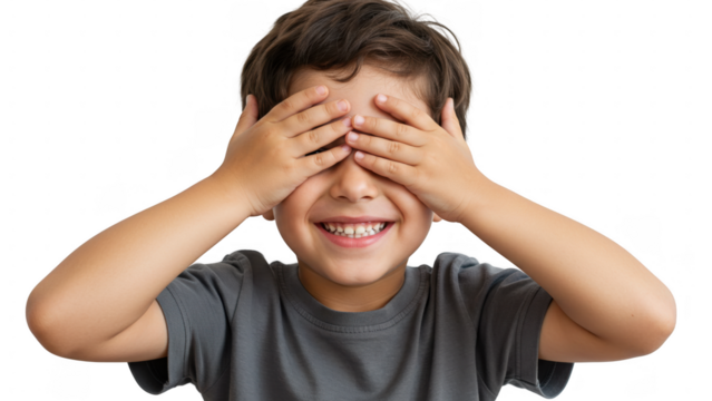 Boy hiding eyes transparent background