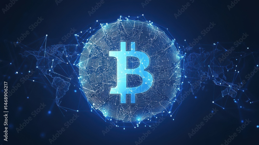 Poster blockchain technology futuristic hud background with world globe and blockchain polygon peer to peer