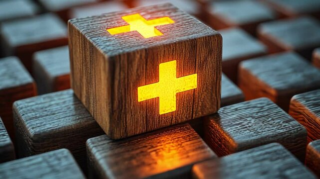 Glowing Wooden Block with Plus Sign on Keyboard Background, Creating Warm Atmosphere of Positivity and Addition.
