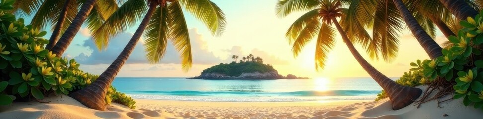 Golden sand, palm trees framing island silhouette, calm sea, caribbean, tranquil
