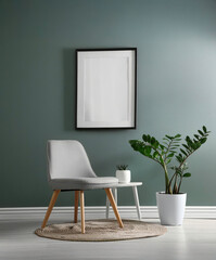 an empty Photo frame on Room wall with modern chair and tree pot  ,cozy interior concept.