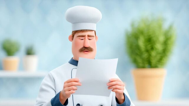 Chef reviewing recipe: A cartoon chef meticulously examines a recipe, his expression a blend of concentration and perhaps a touch of concern. The image is full of charm and humor.