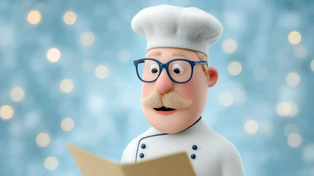Master Chef: A smiling master chef, dressed in a crisp white uniform and hat, looks over a menu, with a background of bokeh lights. Evoking warmth and a touch of culinary artistry.