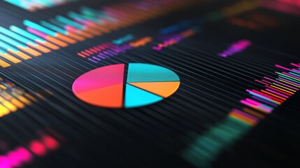 Colorful data visualization displaying various statistical metrics on a dark background