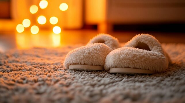 Cozy Fluffy Slippers on Soft Carpet