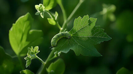 Obraz premium Green Caterpillar On Holey Leaf In Lush Greenery