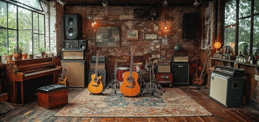 Rustic Music Studio: Guitars, Drums, and Amps in a Vintage Loft
