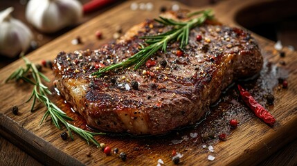 A sizzling steak on a cutting board with garlic, rosemary, thyme, and a pinch of chili flakes and freshly ground black pepper.