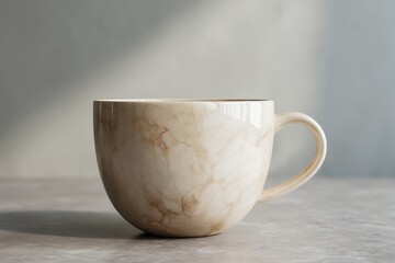 Cream-colored, marbled mug resting on a surface.