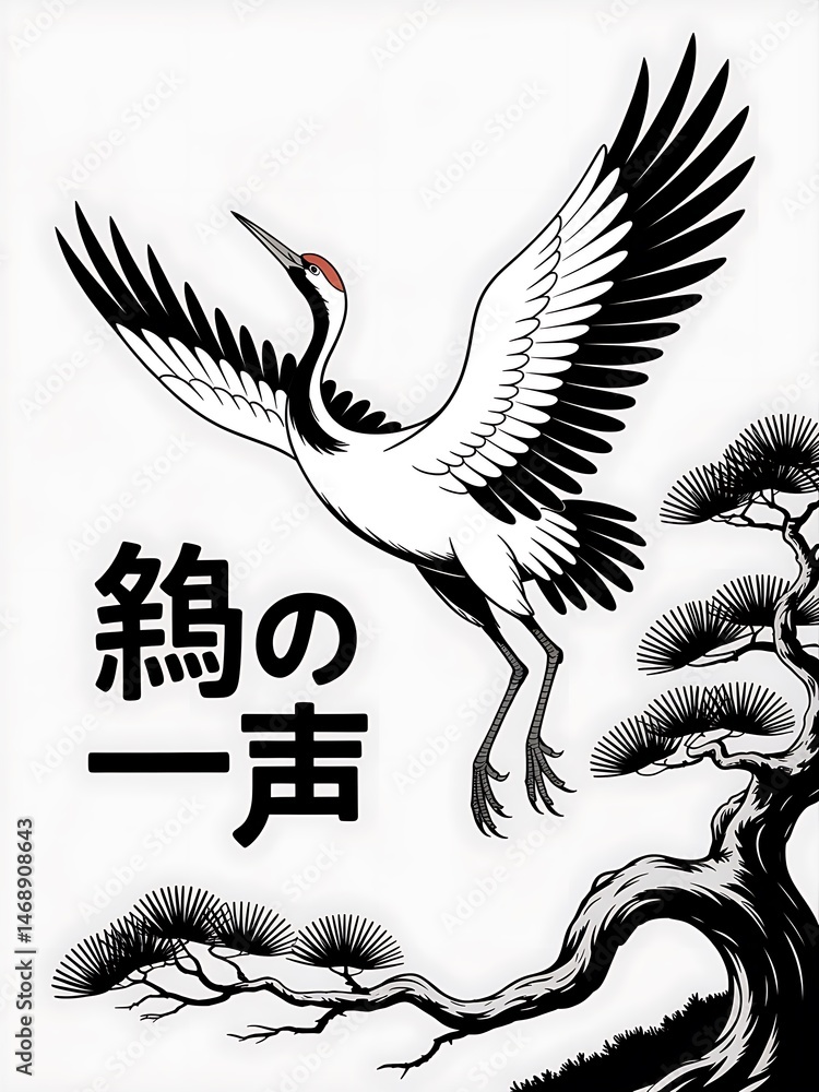 Poster artistic design featuring a crane in flight with elegant line work and japanese text element