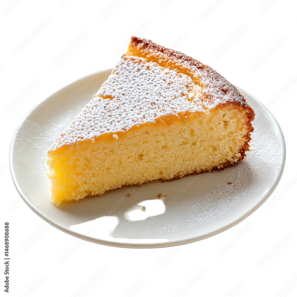 Poster delicious butter cake slice on a plate isolated against a clean transparent background with subtle l