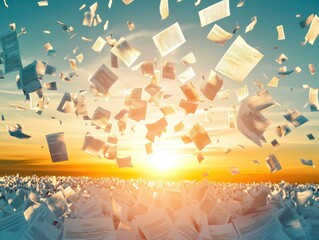 Sheets of paper swirling in the sky over a field of documents at sunset