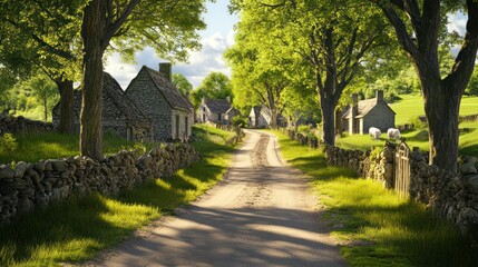 Obraz premium Country Road Through Village, Sunny Day, Rural Scene, Background of Houses and Fields. Possible Use Stock photo for travel, vacation, or rural living