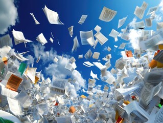 Paper documents swirling in the sky.  Cloud-filled blue sky is backdrop. Multiple paper types