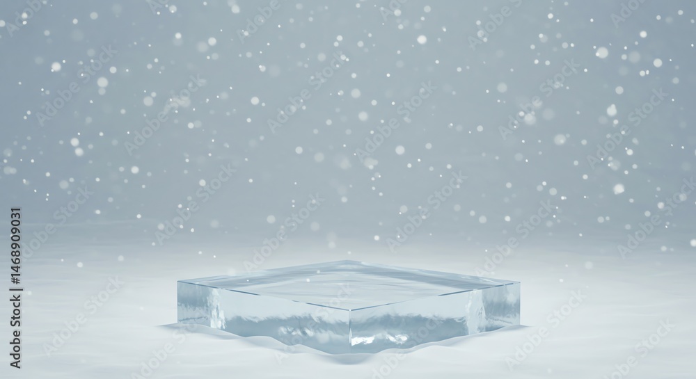 Poster ice cube in snow with snowfall backdrop