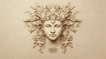 Fototapeta premium Beige Relief Portrait Design With Floral Pattern