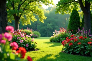 Fototapeta premium Serene garden with vibrant flowers and lush landscaping, landscaping, tranquil
