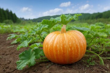 Obraz premium Ripe Orange Pumpkin in Rustic Autumn Field: Vibrant Harvest Scene