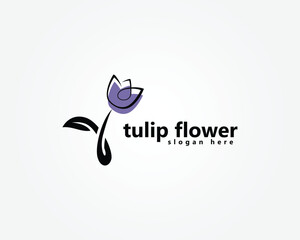 creative tulip flower logo, purple tulip flower with abstract leaves that blend with the stem, logo design template