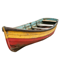 A small, colorful boat with weathered paint on a transparent background, ideal for coastal adventures or leisurely outings, Small boat isolated on transparent background