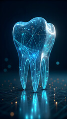futuristic digital tooth made of glowing tech lines