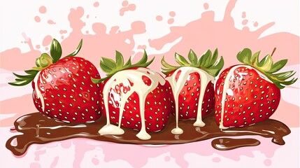 Sweet Treat Strawberries Drenched in Chocolate  Cream Illustration.