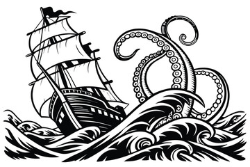 150 kraken_monster_ship,black_and_white,woodcut_style,detailed_drawing,tentacles,mast,sailing_ship,waves,contrast,dramatic