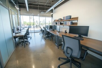 Modern, open-plan office space with multiple workstations, concrete floors, and large windows.  Natural light floods the area, which features minimalist, dark-toned furniture and shelving