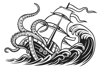 150 kraken_monster_ship,black_and_white,woodcut_style,detailed_drawing,tentacles,mast,sailing_ship,waves,contrast,dramatic