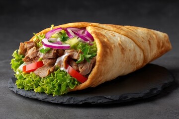 Savory Gyro Wrap:  Grilled Meat, Fresh Veggies, and Aromatic Spices