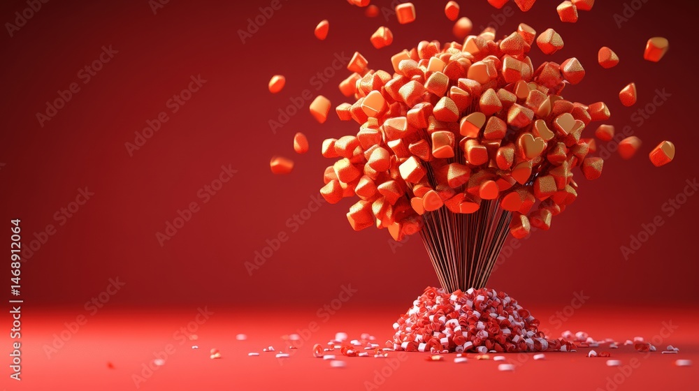 Poster abstract image of orange and red cubed particles exploding upward from a cluster on a vibrant red ba